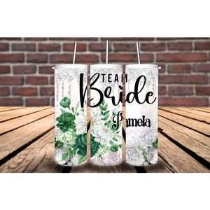 Team Bride Green and White Floral Print Personalized Tumbler, Bridesmaid Tumbler